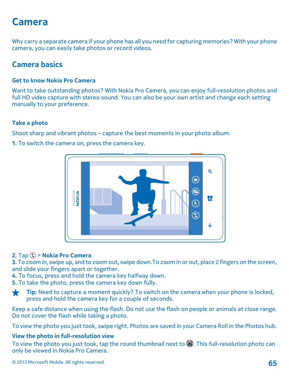 Camera, Camera basics, Get to know nokia pro camera | Take a photo | Nokia Lumia 925 User Manual | Page 65 / 131