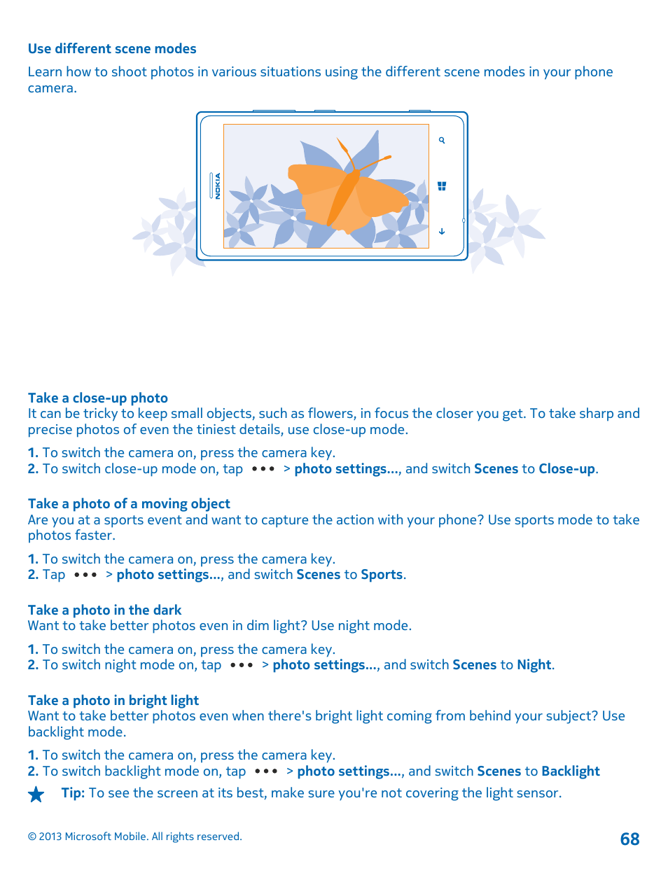 Use different scene modes, Take a close-up photo, Take a photo of a moving object | Take a photo in the dark, Take a photo in bright light | Nokia Lumia 925 User Manual | Page 68 / 131