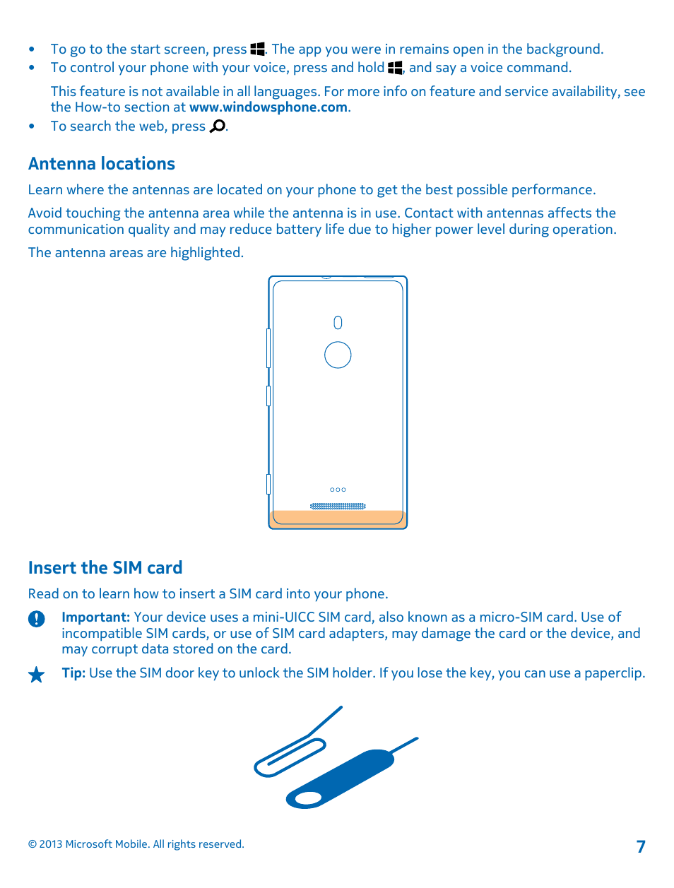 Antenna locations, Insert the sim card | Nokia Lumia 925 User Manual | Page 7 / 131