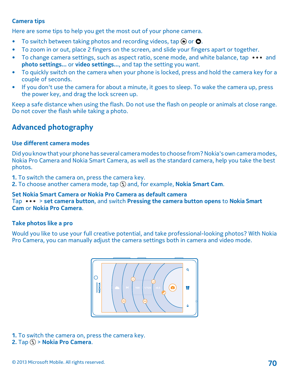 Camera tips, Advanced photography, Use different camera modes | Take photos like a pro | Nokia Lumia 925 User Manual | Page 70 / 131