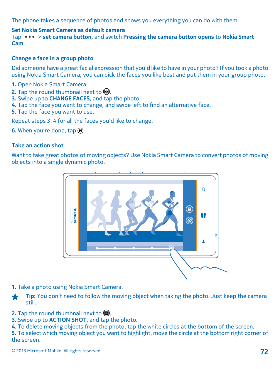 Change a face in a group photo, Take an action shot | Nokia Lumia 925 User Manual | Page 72 / 131