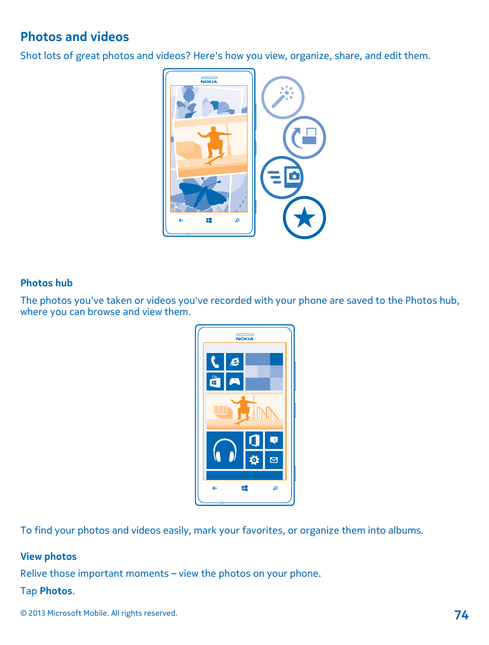 Photos and videos, Photos hub, View photos | Nokia Lumia 925 User Manual | Page 74 / 131