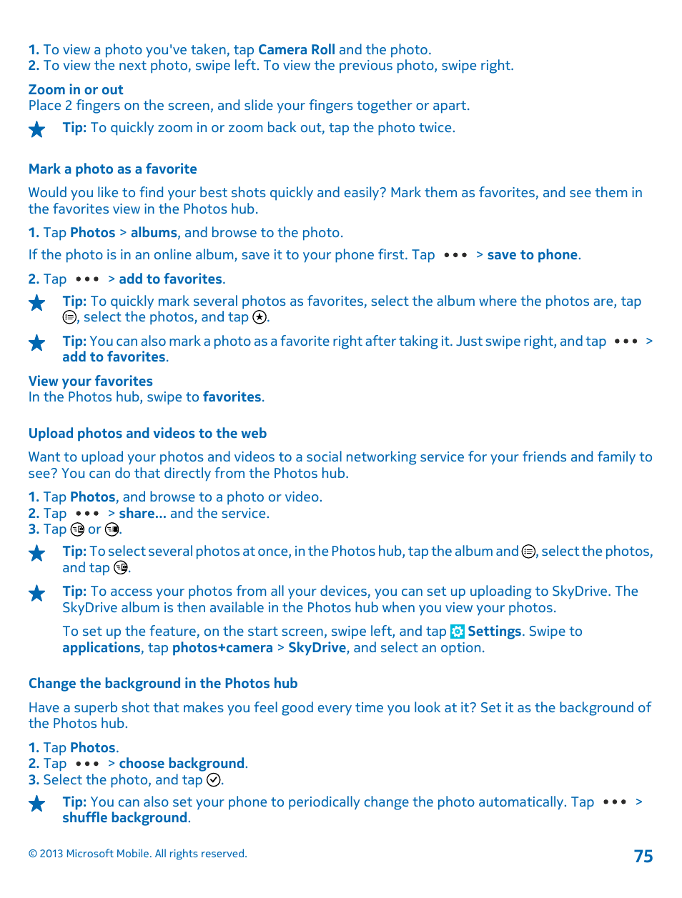 Mark a photo as a favorite, Upload photos and videos to the web, Change the background in the photos hub | Nokia Lumia 925 User Manual | Page 75 / 131