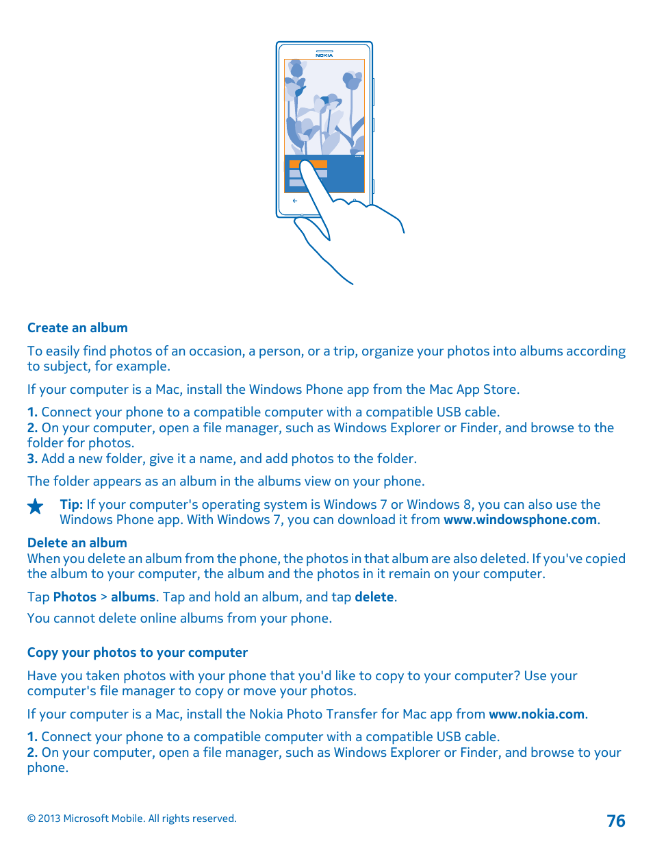 Create an album, Copy your photos to your computer | Nokia Lumia 925 User Manual | Page 76 / 131