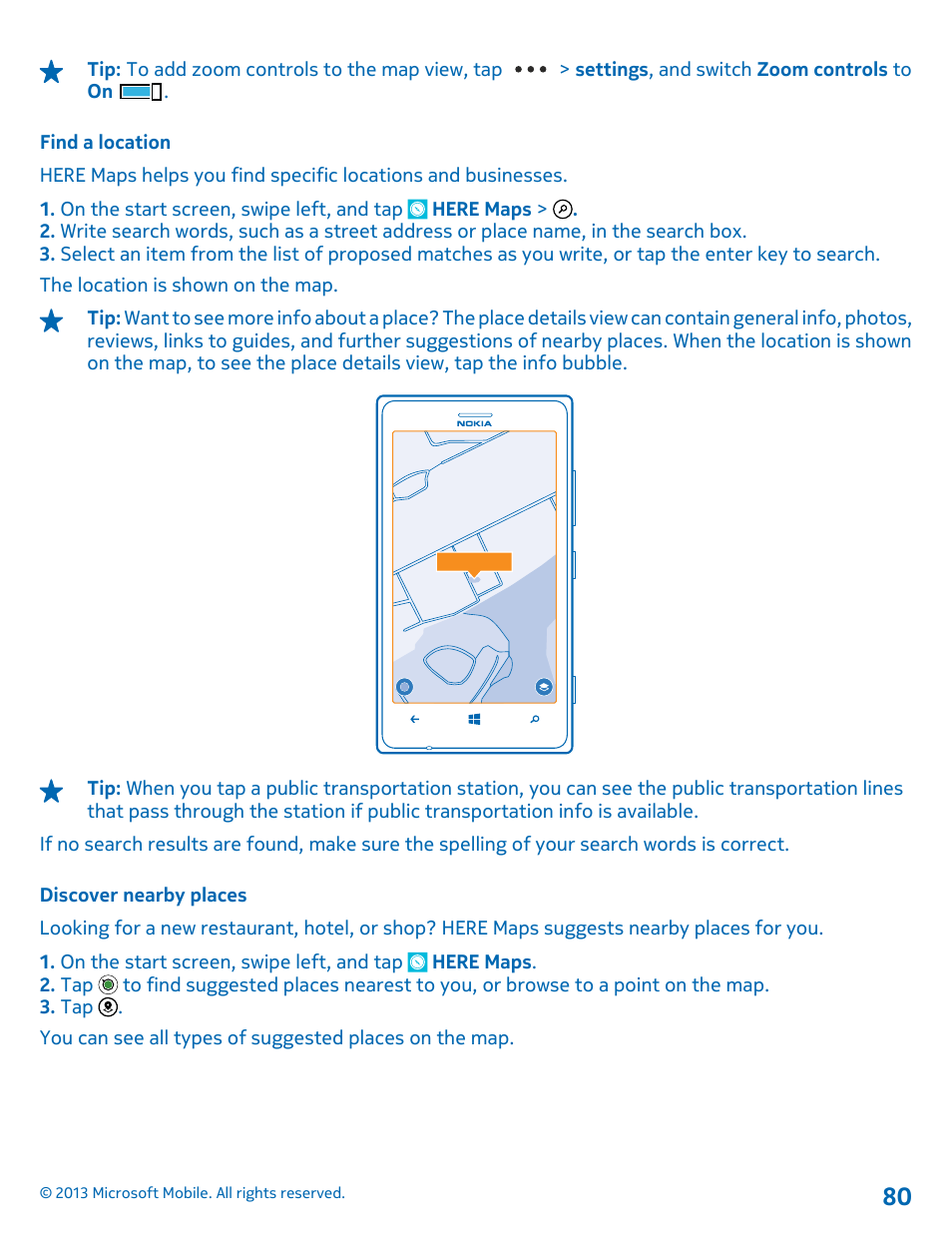 Find a location, Discover nearby places | Nokia Lumia 925 User Manual | Page 80 / 131