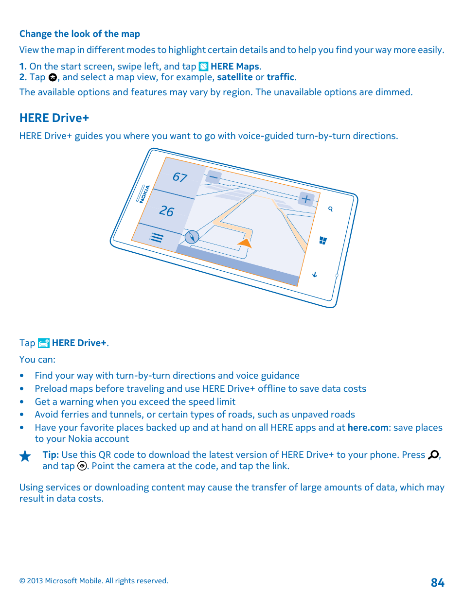 Change the look of the map, Here drive | Nokia Lumia 925 User Manual | Page 84 / 131