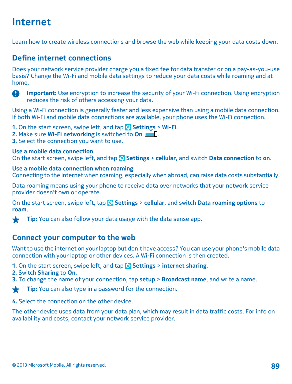 Internet, Define internet connections, Connect your computer to the web | Nokia Lumia 925 User Manual | Page 89 / 131