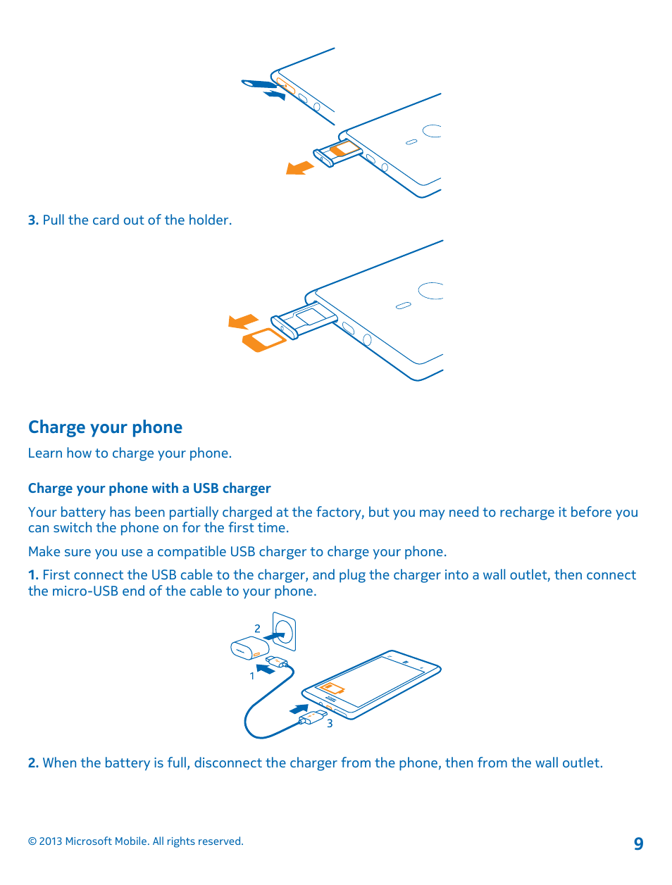 Charge your phone, Charge your phone with a usb charger | Nokia Lumia 925 User Manual | Page 9 / 131