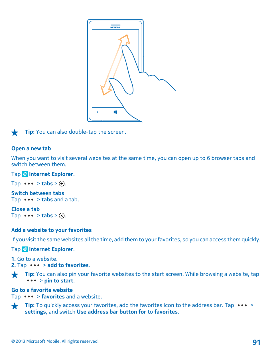 Open a new tab, Add a website to your favorites | Nokia Lumia 925 User Manual | Page 91 / 131