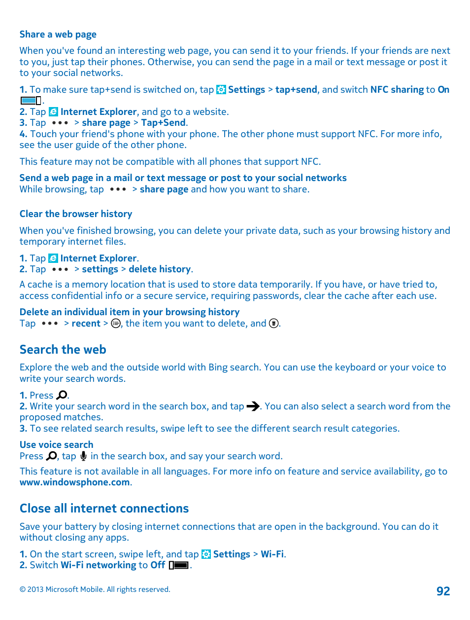 Clear the browser history, Search the web, Close all internet connections | Nokia Lumia 925 User Manual | Page 92 / 131