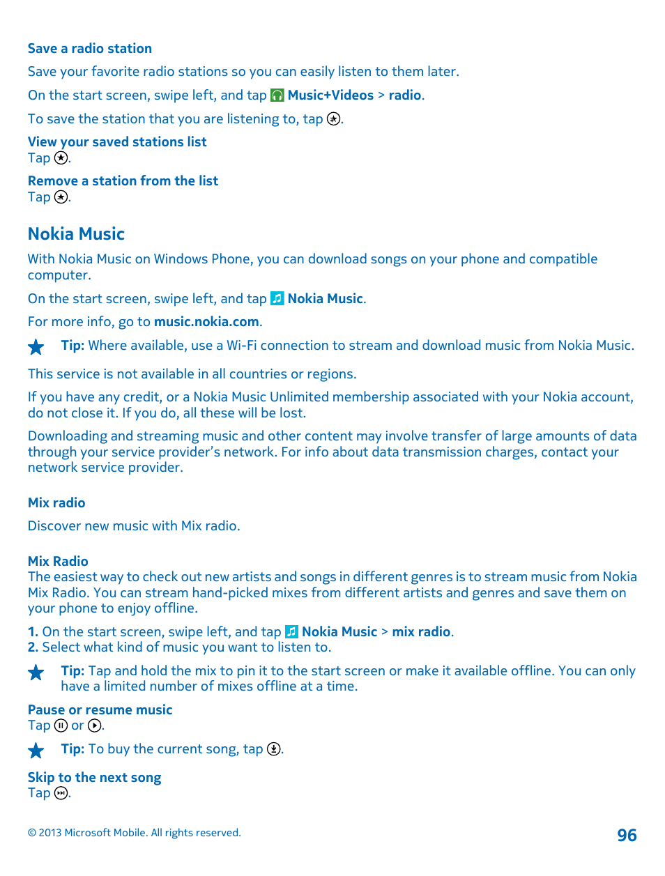 Save a radio station, Nokia music, Mix radio | Nokia Lumia 925 User Manual | Page 96 / 131