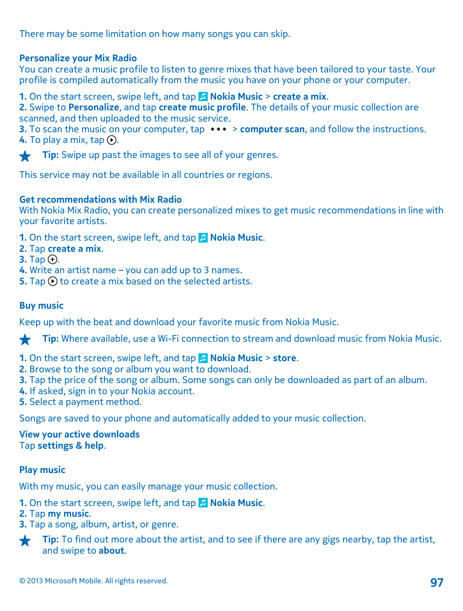 Personalize your mix radio, Get recommendations with mix radio, Buy music | Play music | Nokia Lumia 925 User Manual | Page 97 / 131