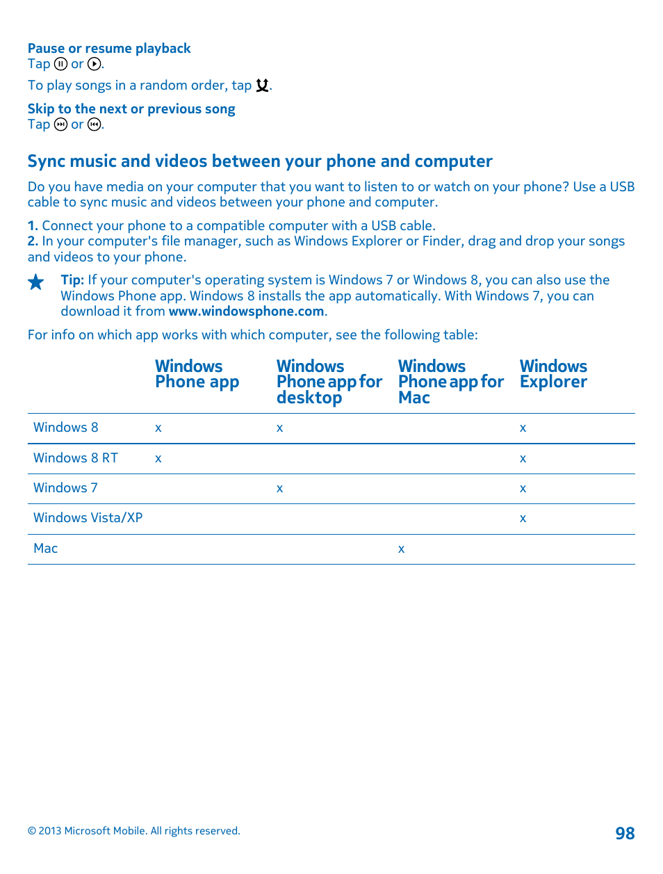 Sync music and videos between your, Phone and computer | Nokia Lumia 925 User Manual | Page 98 / 131