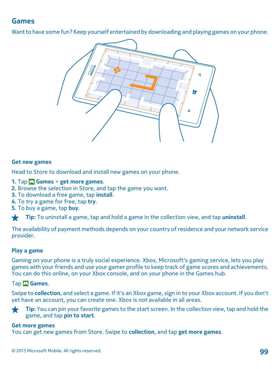 Games, Get new games, Play a game | Nokia Lumia 925 User Manual | Page 99 / 131