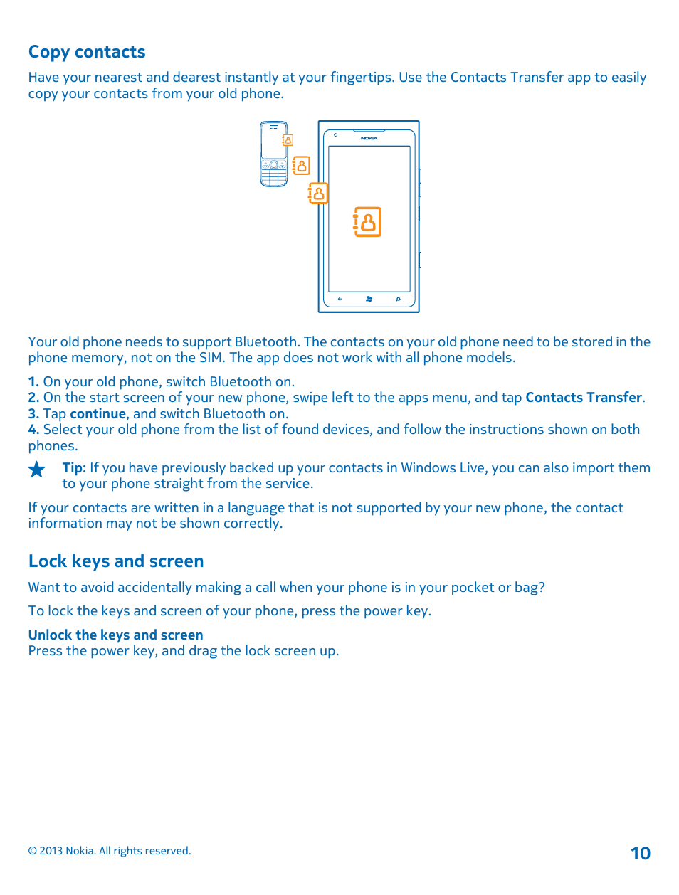 Copy contacts, Lock keys and screen | Nokia Lumia 900 User Manual | Page 10 / 93