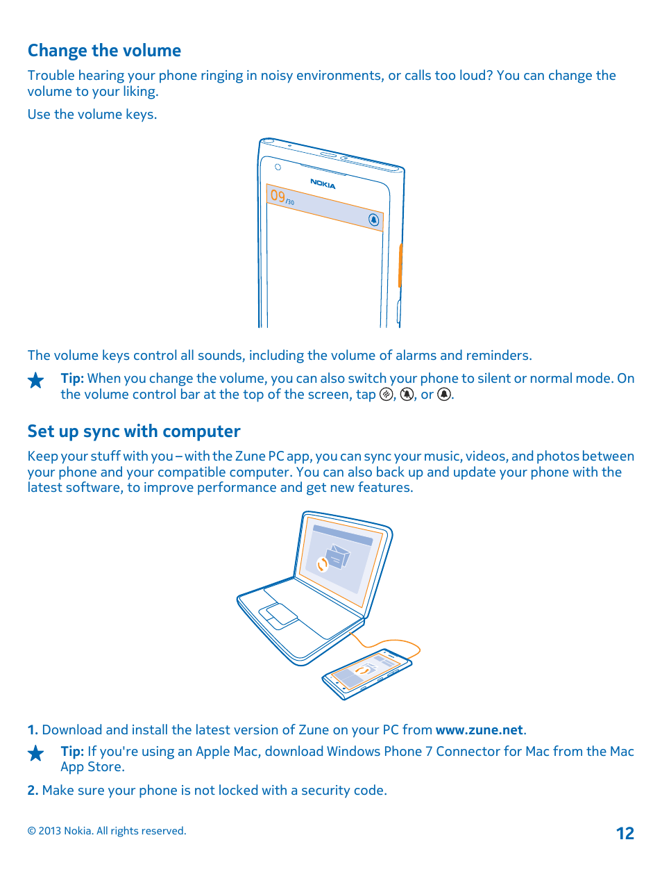 Change the volume, Set up sync with computer | Nokia Lumia 900 User Manual | Page 12 / 93