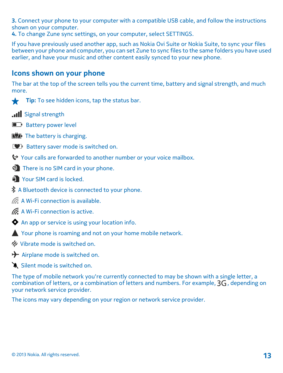Icons shown on your phone | Nokia Lumia 900 User Manual | Page 13 / 93