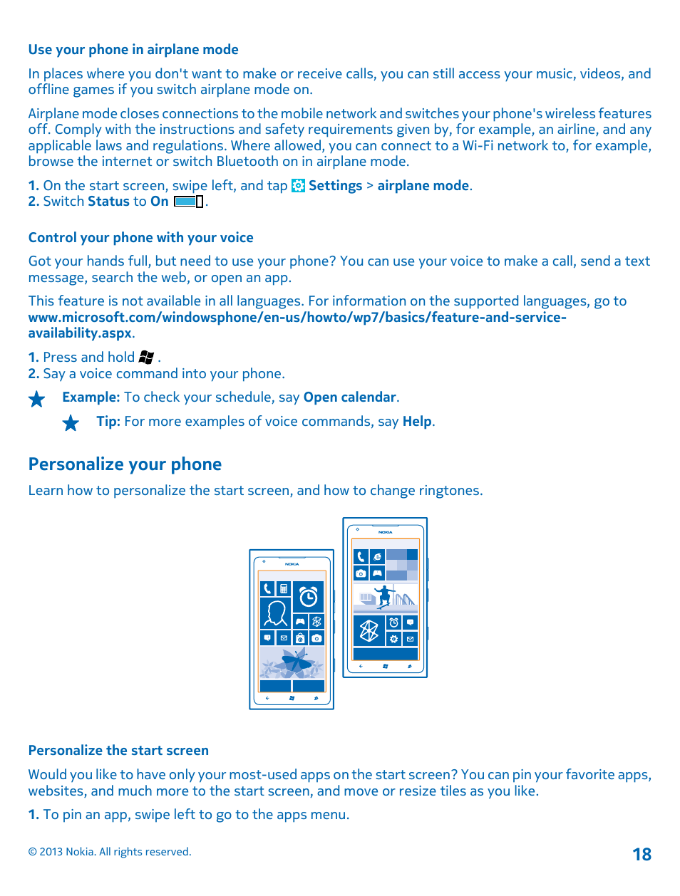 Use your phone in airplane mode, Control your phone with your voice, Personalize your phone | Personalize the start screen | Nokia Lumia 900 User Manual | Page 18 / 93