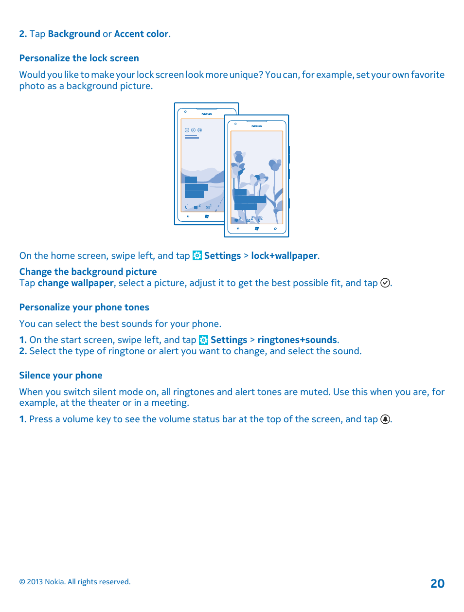 Personalize the lock screen, Personalize your phone tones, Silence your phone | Nokia Lumia 900 User Manual | Page 20 / 93