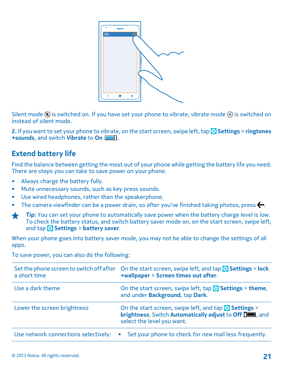 Extend battery life | Nokia Lumia 900 User Manual | Page 21 / 93