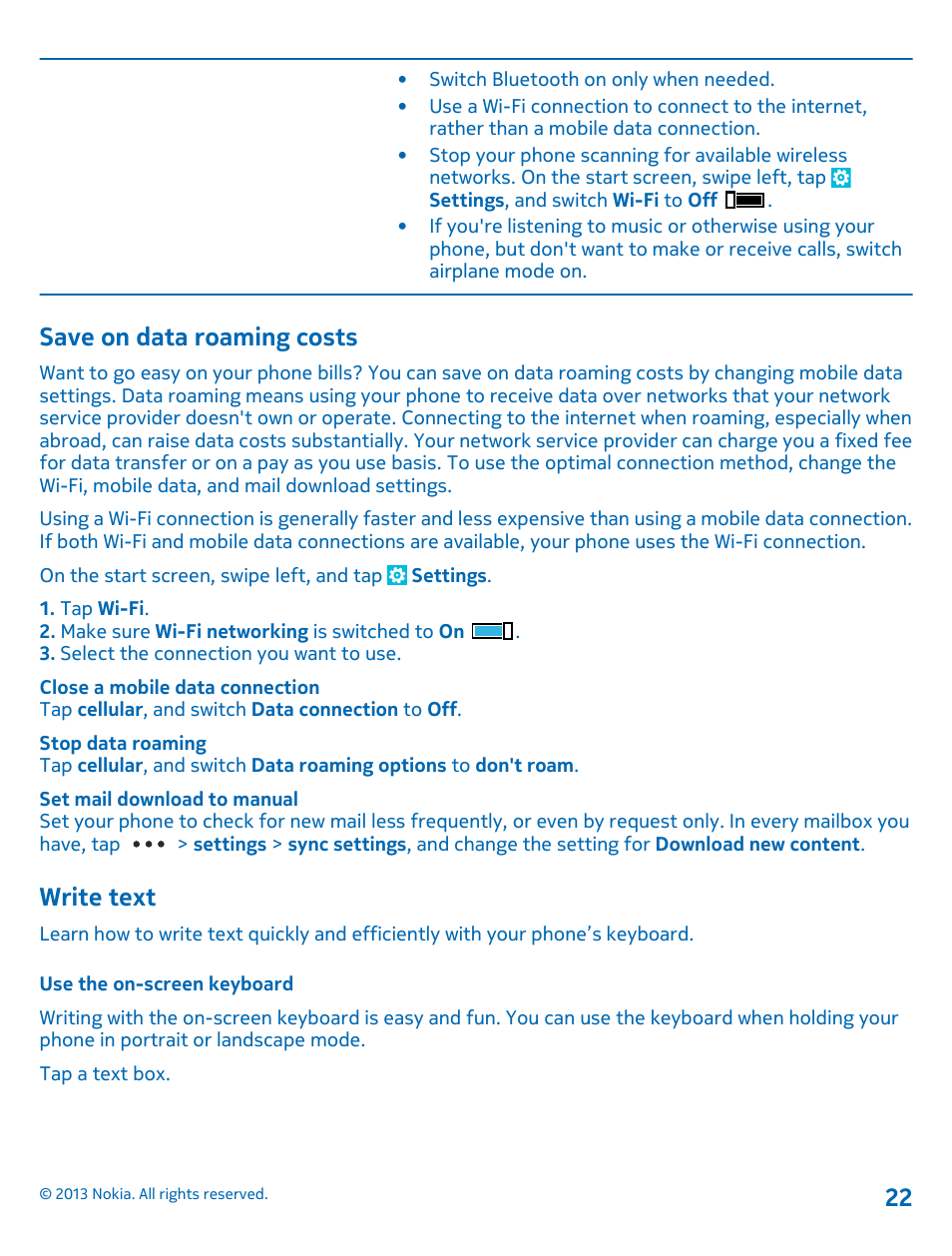 Save on data roaming costs, Write text, Use the on-screen keyboard | Nokia Lumia 900 User Manual | Page 22 / 93
