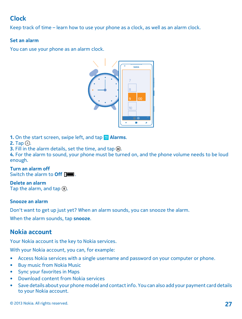 Clock, Set an alarm, Snooze an alarm | Nokia account, Clock 27 nokia account | Nokia Lumia 900 User Manual | Page 27 / 93