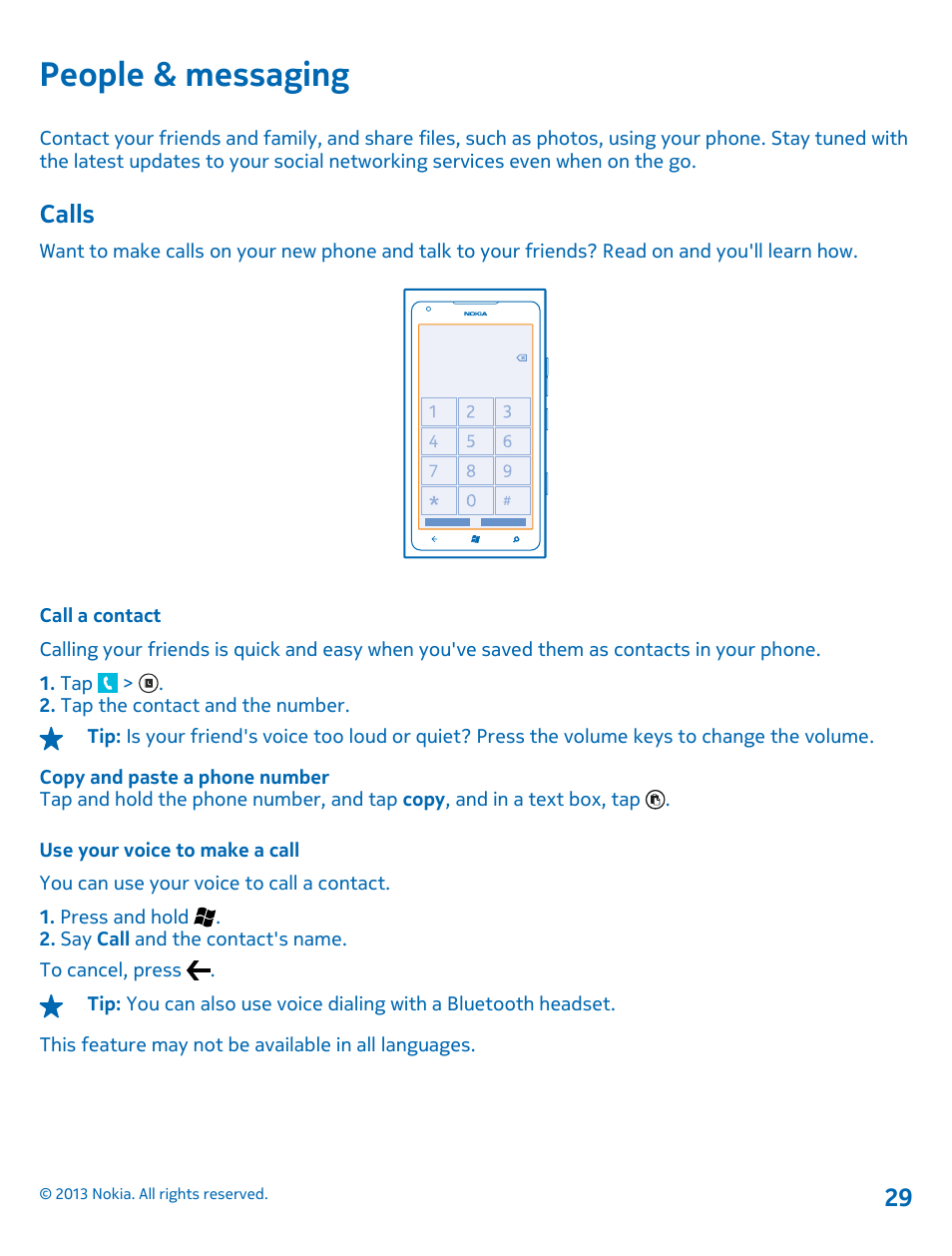 People & messaging, Calls, Call a contact | Use your voice to make a call, Calls 29 | Nokia Lumia 900 User Manual | Page 29 / 93