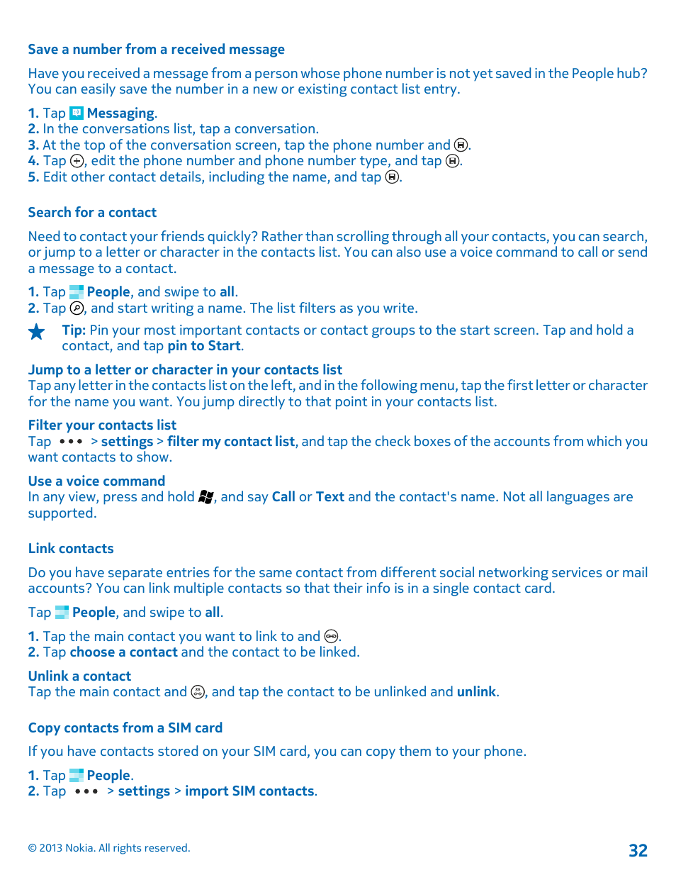 Save a number from a received message, Search for a contact, Link contacts | Copy contacts from a sim card | Nokia Lumia 900 User Manual | Page 32 / 93