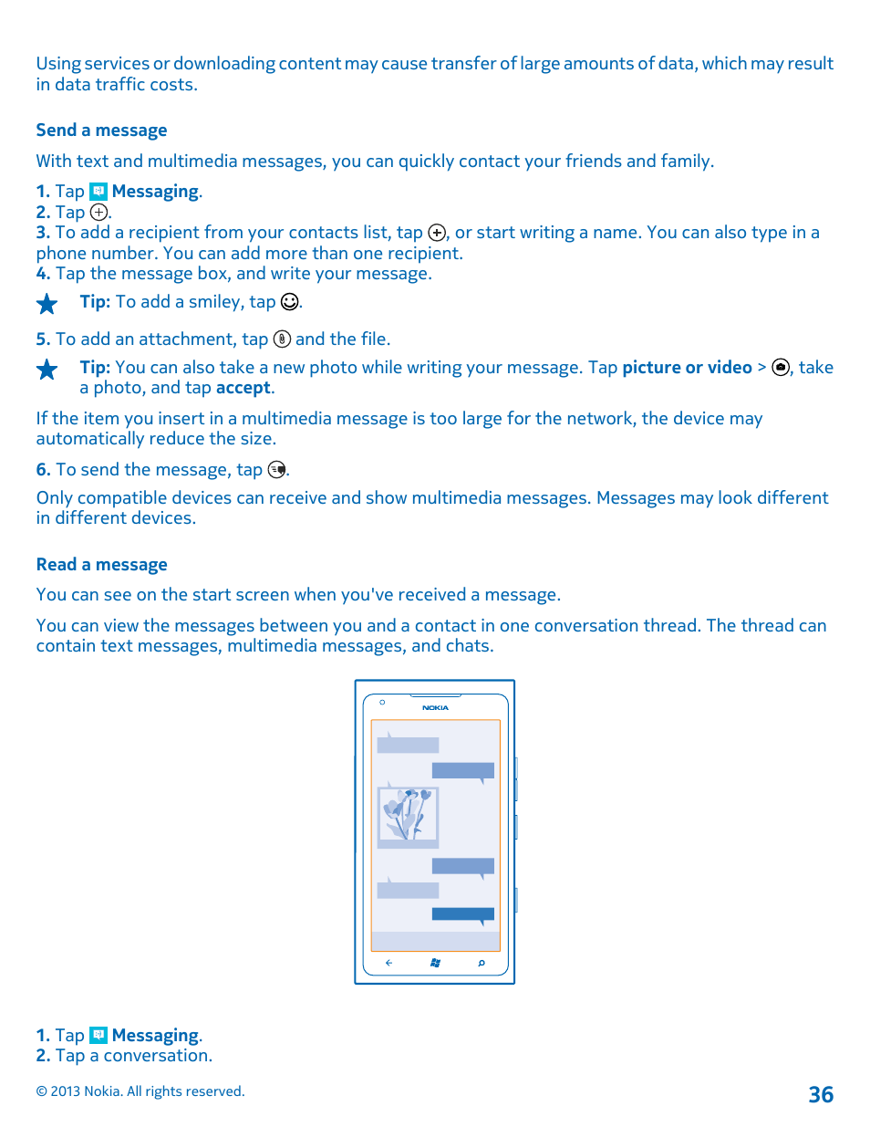 Send a message, Read a message | Nokia Lumia 900 User Manual | Page 36 / 93