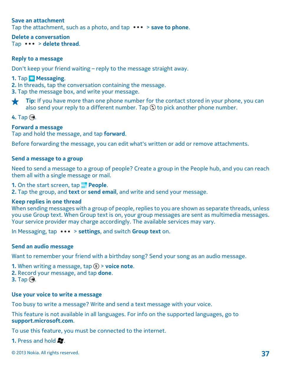 Reply to a message, Send a message to a group, Send an audio message | Use your voice to write a message | Nokia Lumia 900 User Manual | Page 37 / 93
