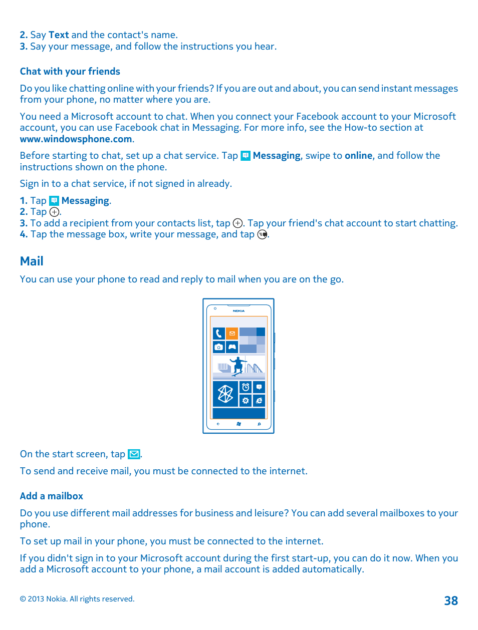 Chat with your friends, Mail, Add a mailbox | Mail 38 | Nokia Lumia 900 User Manual | Page 38 / 93