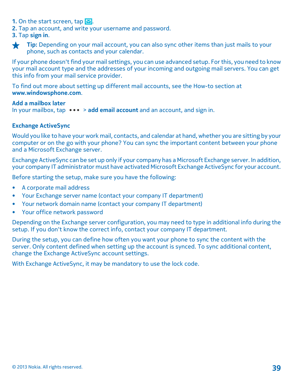 Exchange activesync | Nokia Lumia 900 User Manual | Page 39 / 93