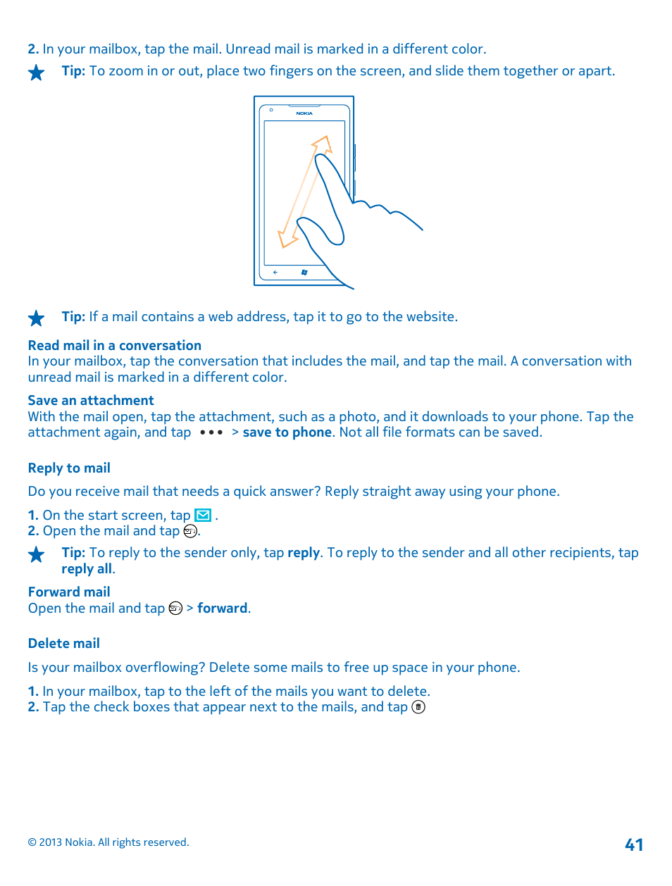 Reply to mail, Delete mail | Nokia Lumia 900 User Manual | Page 41 / 93