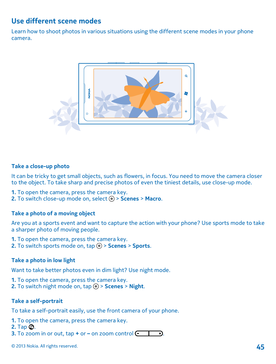 Use different scene modes, Take a close-up photo, Take a photo of a moving object | Take a photo in low light, Take a self-portrait | Nokia Lumia 900 User Manual | Page 45 / 93