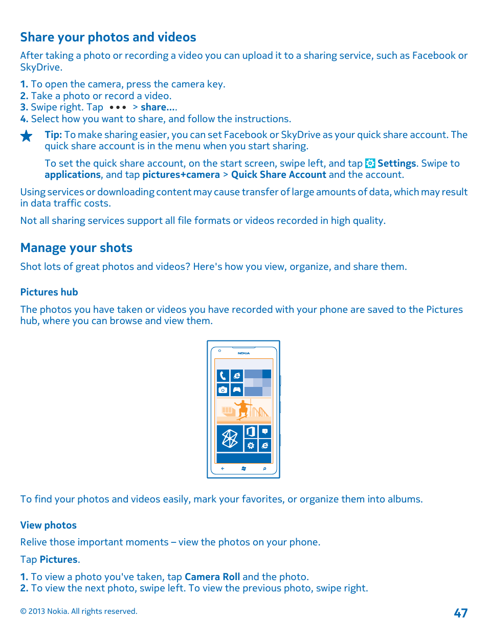Share your photos and videos, Manage your shots, Pictures hub | View photos | Nokia Lumia 900 User Manual | Page 47 / 93
