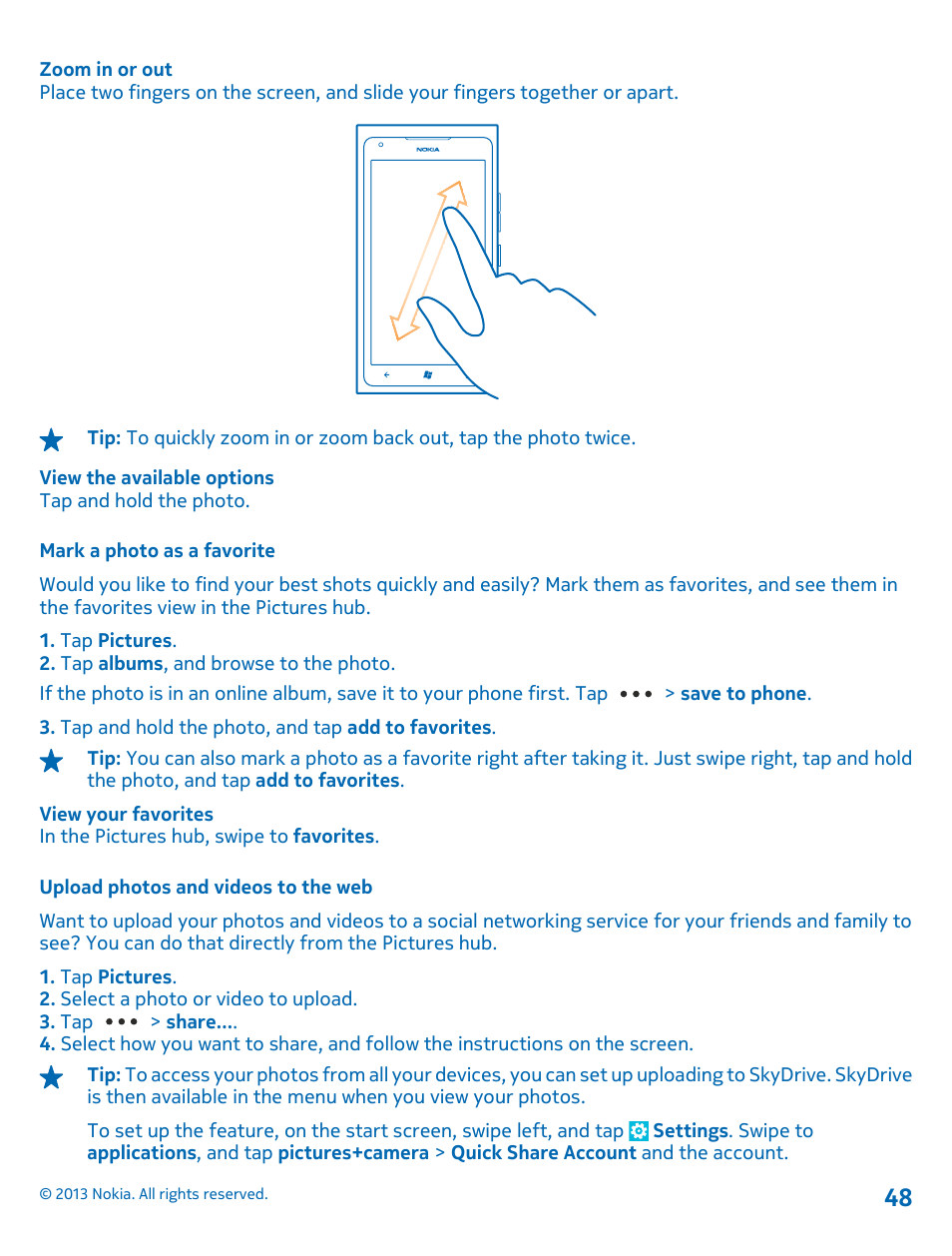 Mark a photo as a favorite, Upload photos and videos to the web | Nokia Lumia 900 User Manual | Page 48 / 93