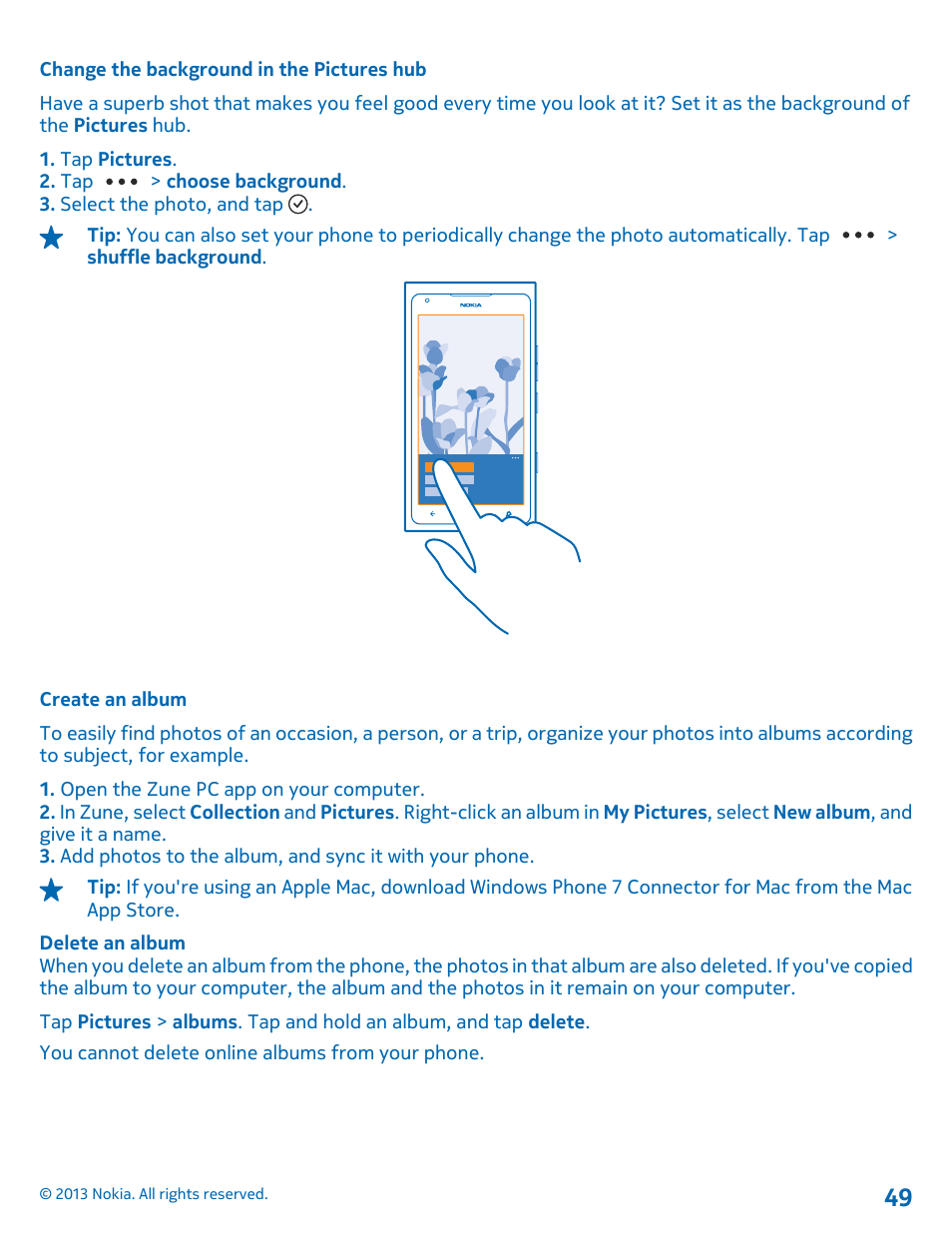 Change the background in the pictures hub, Create an album | Nokia Lumia 900 User Manual | Page 49 / 93