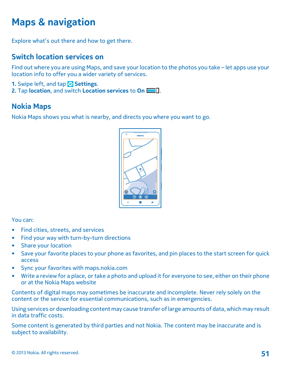 Maps & navigation, Switch location services on, Nokia maps | Nokia Lumia 900 User Manual | Page 51 / 93