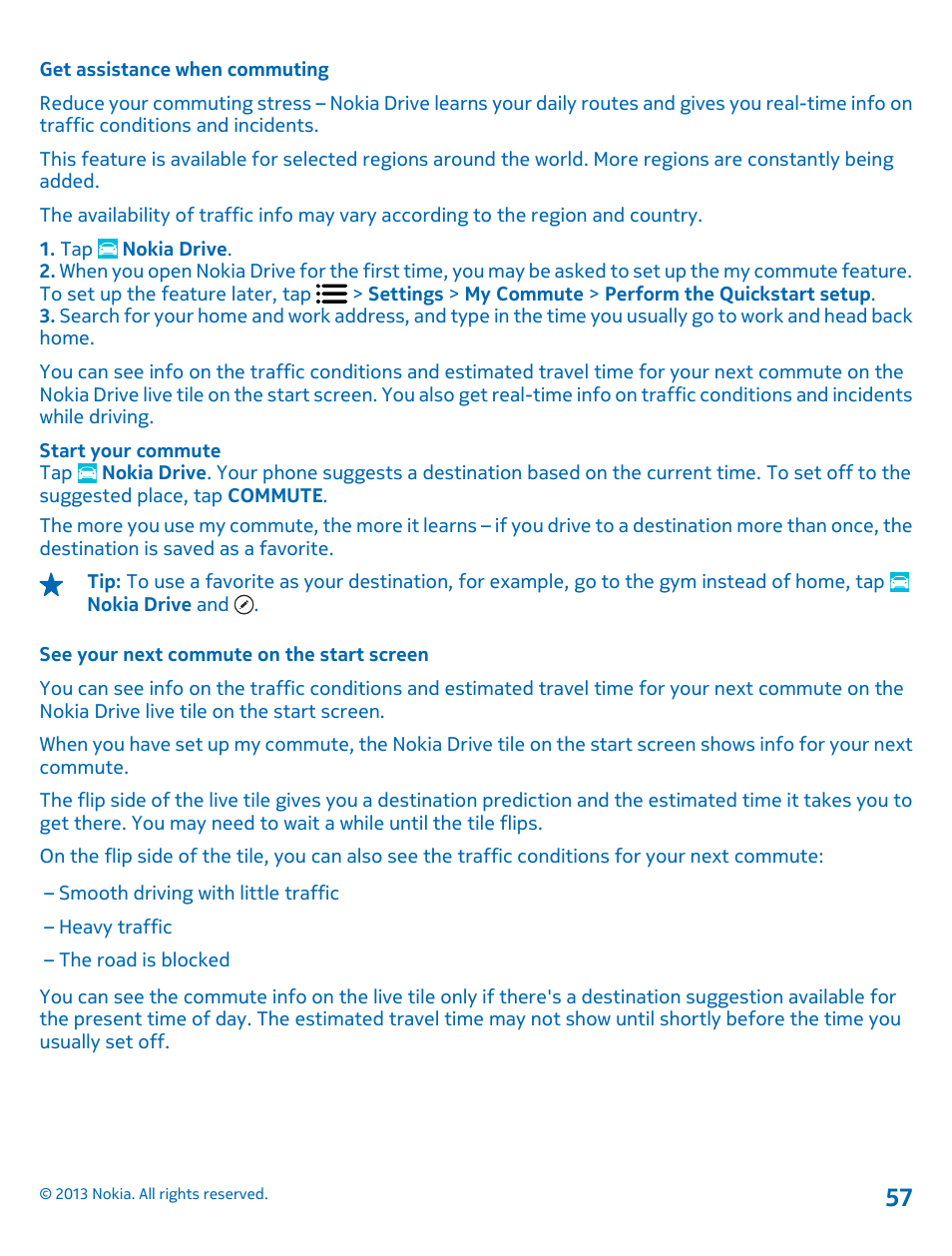 Get assistance when commuting, See your next commute on the start screen | Nokia Lumia 900 User Manual | Page 57 / 93