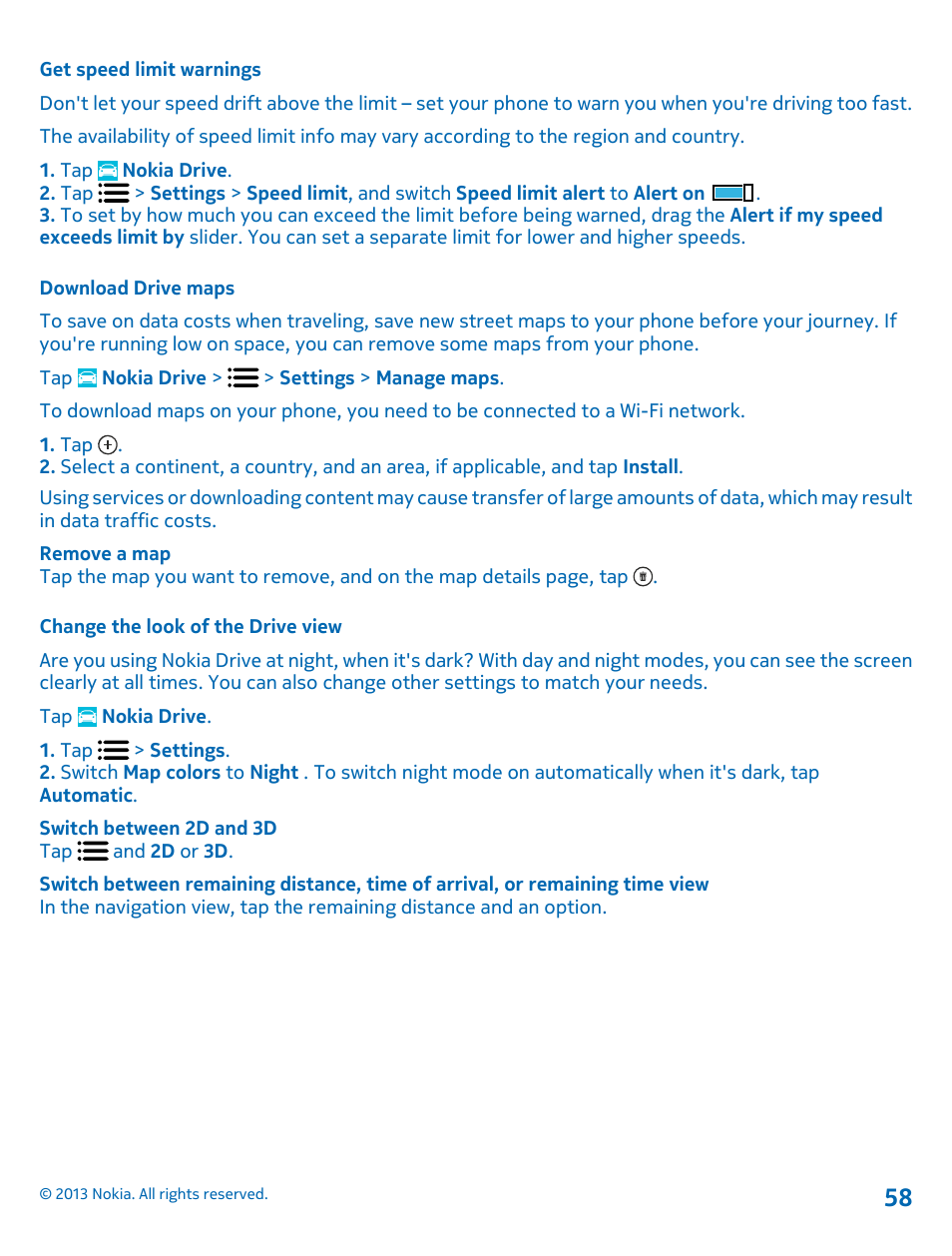 Get speed limit warnings, Download drive maps, Change the look of the drive view | Nokia Lumia 900 User Manual | Page 58 / 93