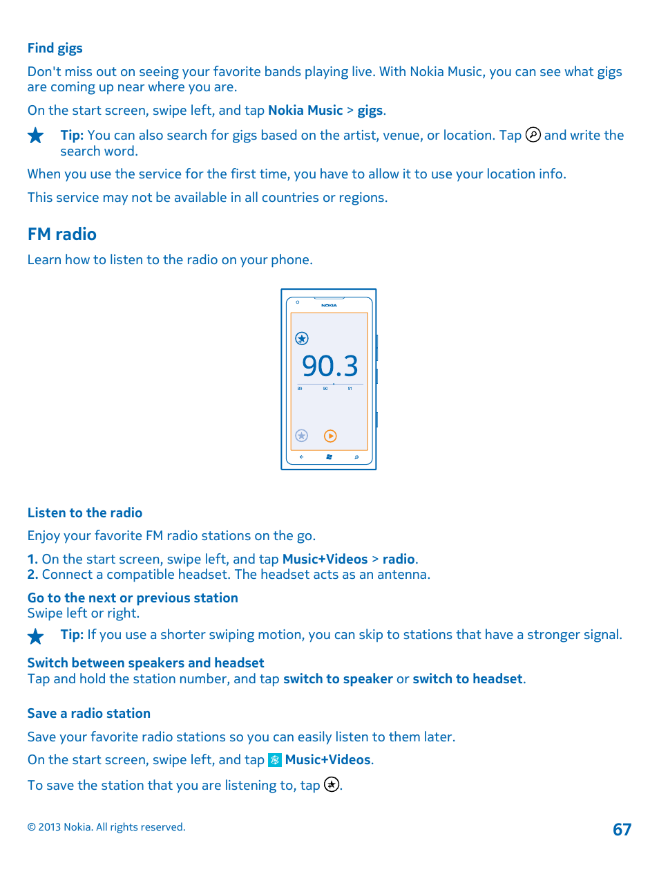 Find gigs, Fm radio, Listen to the radio | Save a radio station | Nokia Lumia 900 User Manual | Page 67 / 93