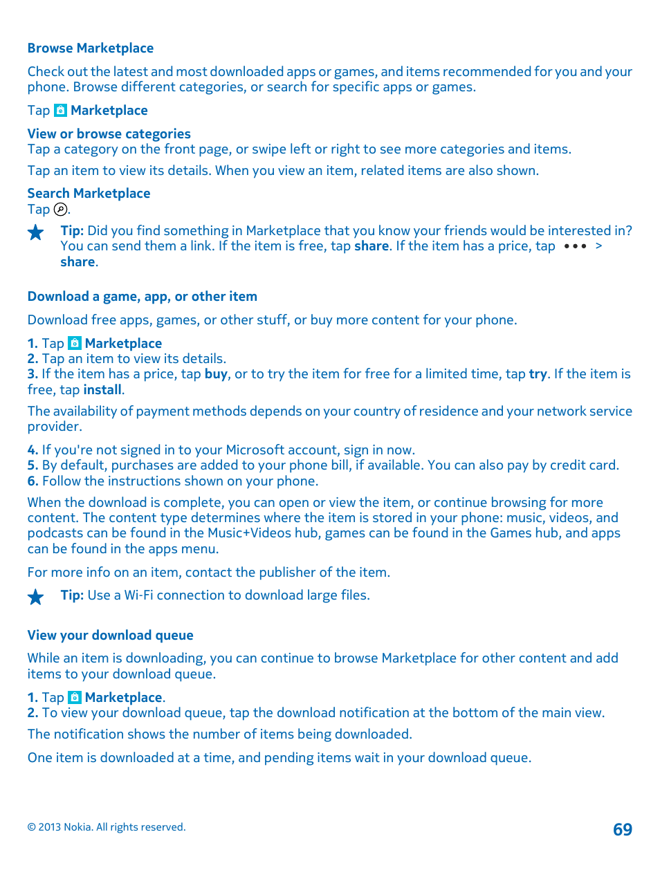 Browse marketplace, Download a game, app, or other item, View your download queue | Nokia Lumia 900 User Manual | Page 69 / 93