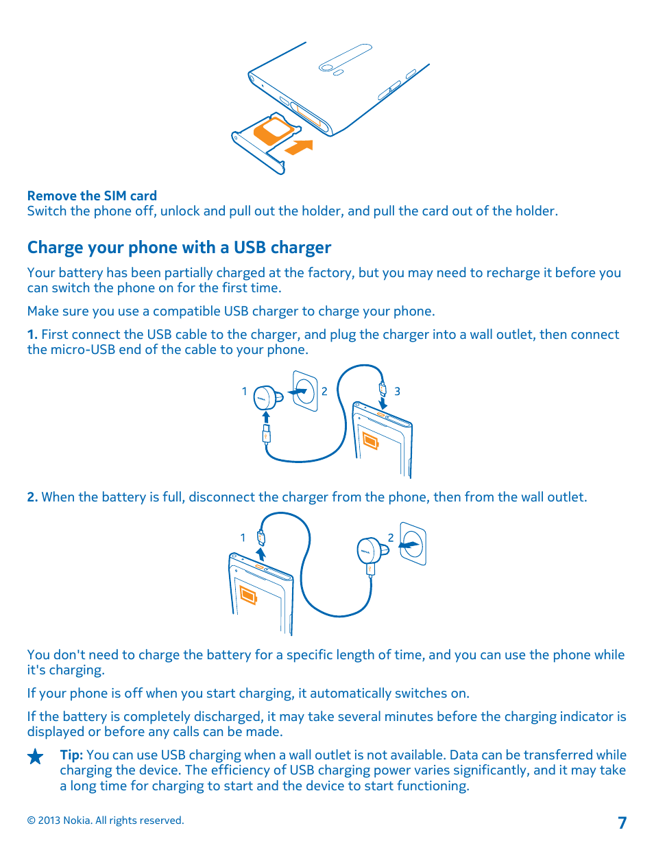 Charge your phone with a usb charger | Nokia Lumia 900 User Manual | Page 7 / 93