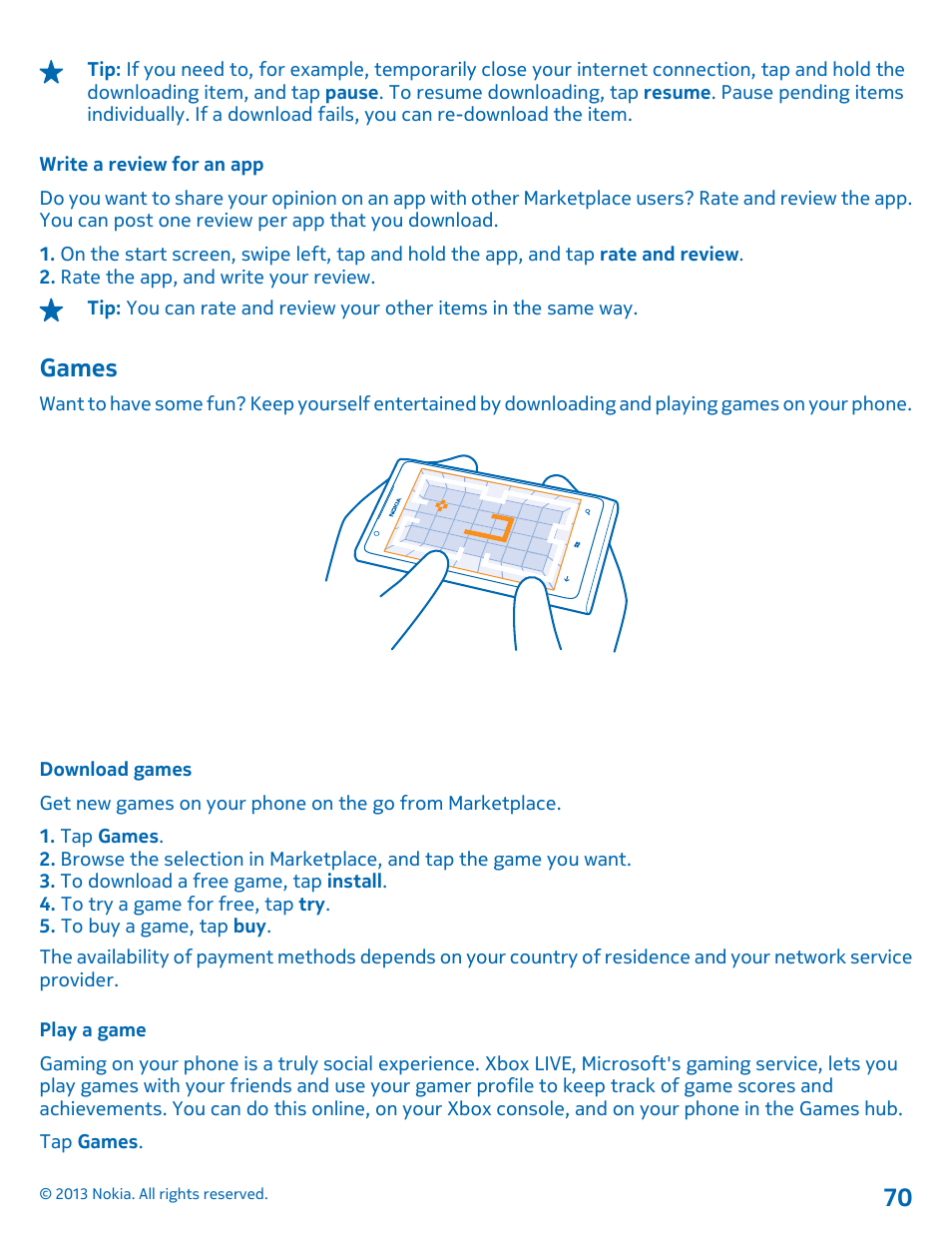 Write a review for an app, Games, Download games | Play a game, Games 70 | Nokia Lumia 900 User Manual | Page 70 / 93