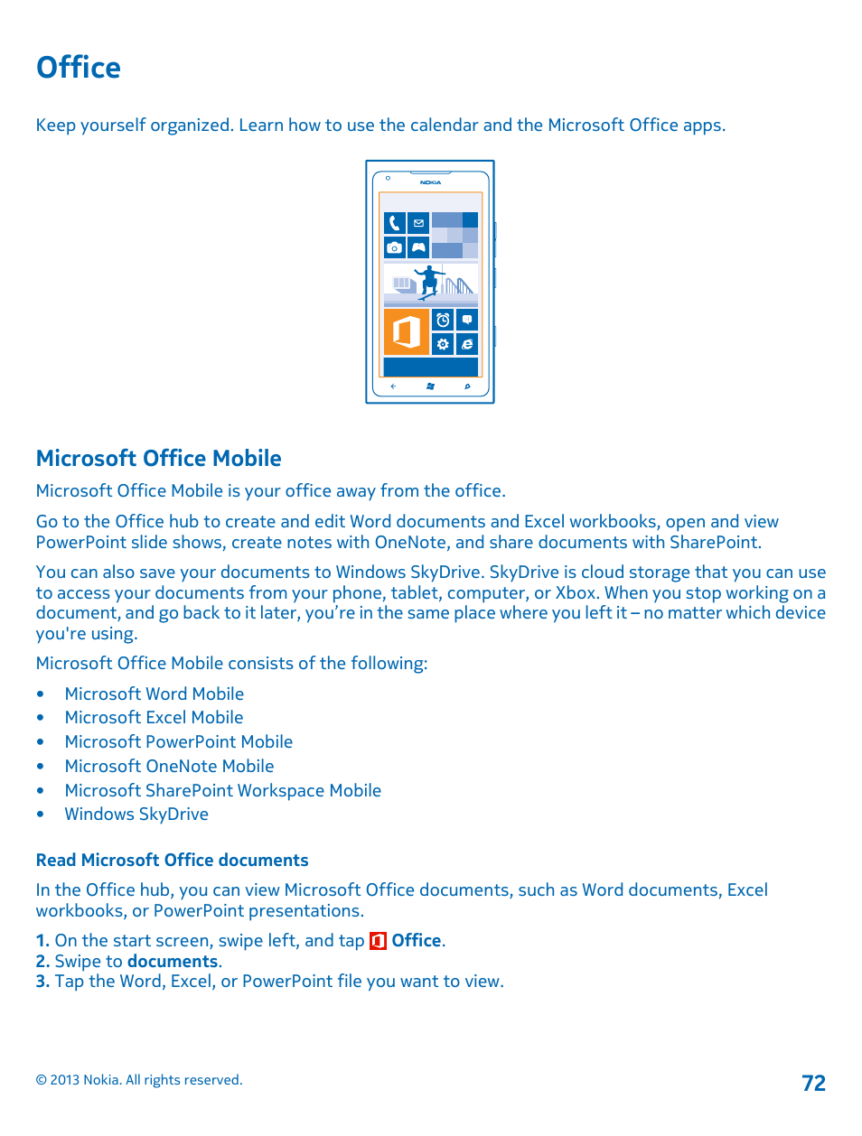 Office, Microsoft office mobile, Read microsoft office documents | Office 72 microsoft office mobile | Nokia Lumia 900 User Manual | Page 72 / 93