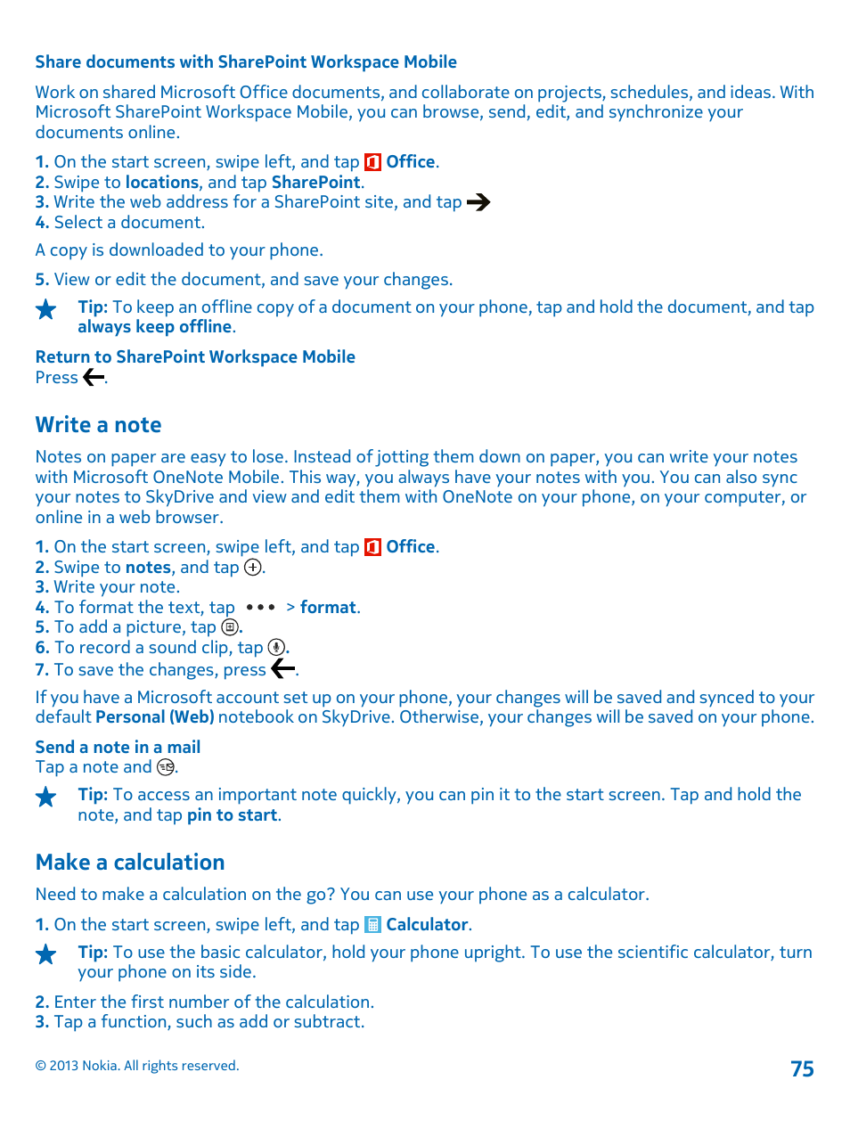 Share documents with sharepoint workspace mobile, Write a note, Make a calculation | Nokia Lumia 900 User Manual | Page 75 / 93