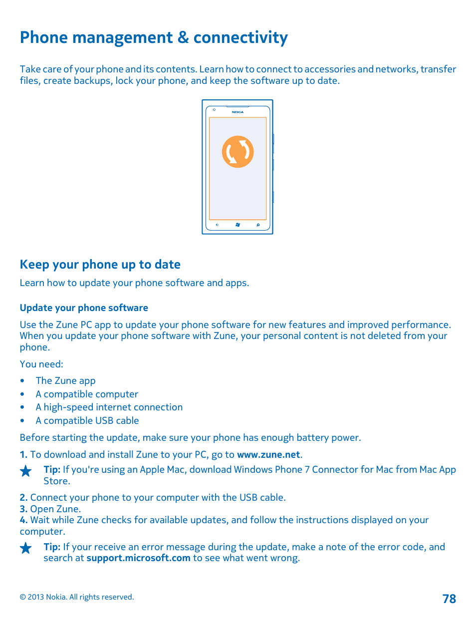 Phone management & connectivity, Keep your phone up to date, Update your phone software | Nokia Lumia 900 User Manual | Page 78 / 93