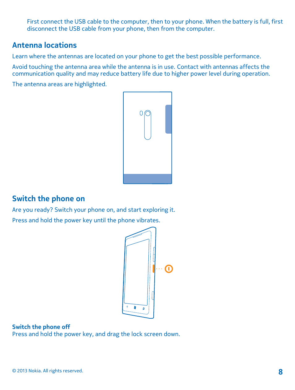 Antenna locations, Switch the phone on | Nokia Lumia 900 User Manual | Page 8 / 93