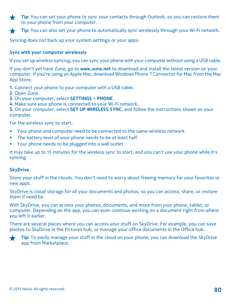 Sync with your computer wirelessly, Skydrive | Nokia Lumia 900 User Manual | Page 80 / 93