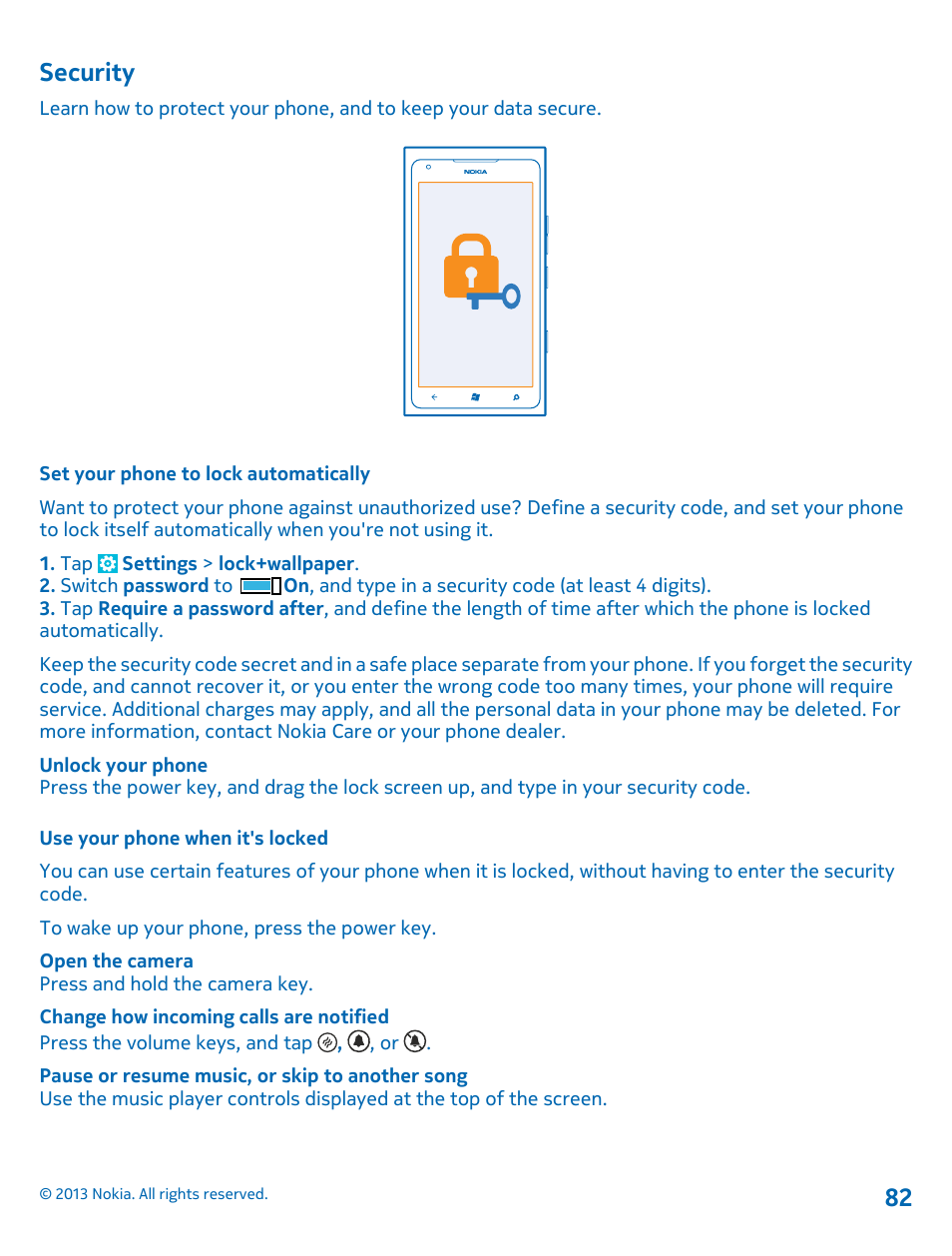 Security, Set your phone to lock automatically, Use your phone when it's locked | Security 82 | Nokia Lumia 900 User Manual | Page 82 / 93